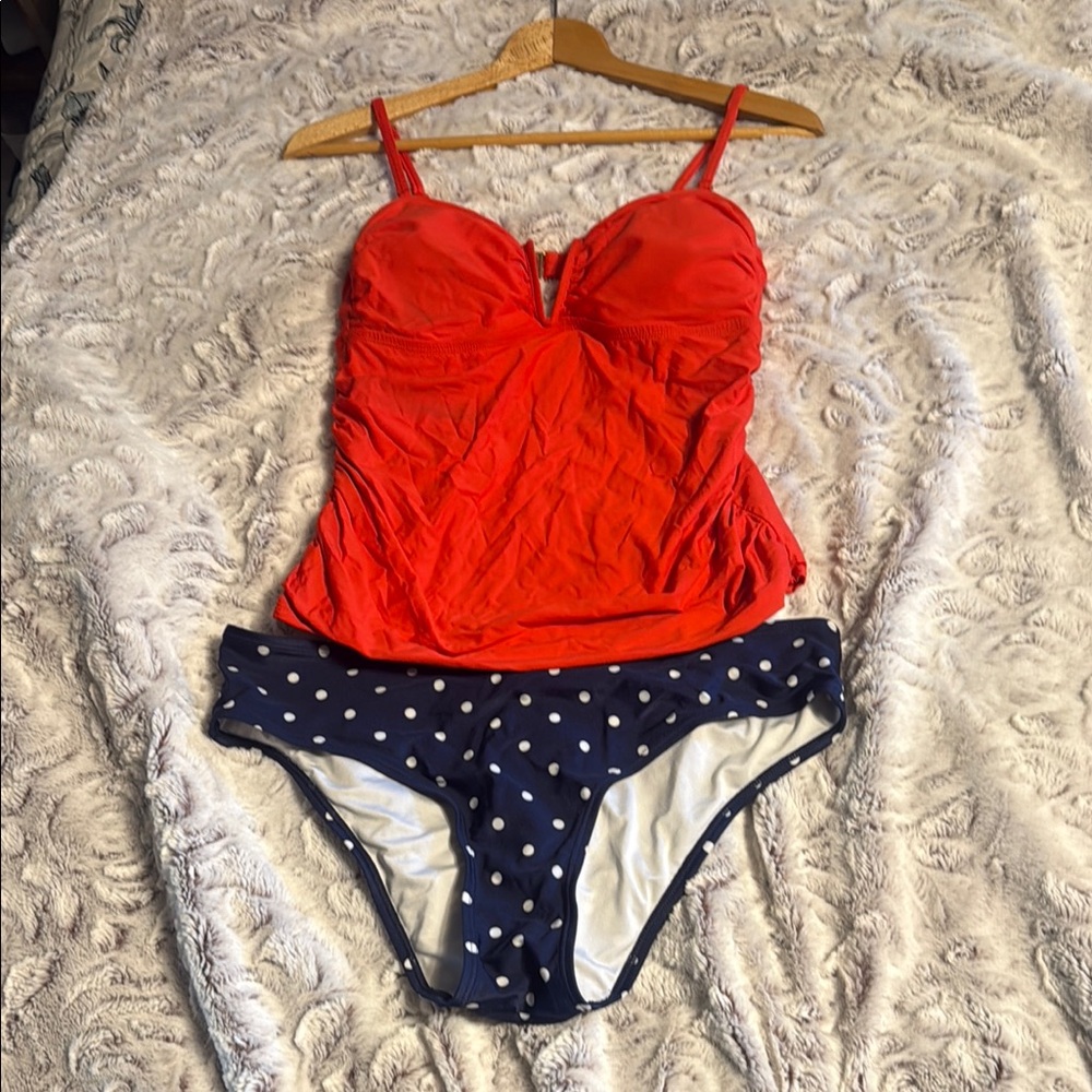 Red and Blue Tankini with Polka Dot Bottom and Sweetheart Neckline
